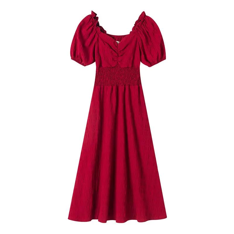 Women's Summer Puff Sleeve Dress Solid Color Chiffon Slim V-neck Long Skirt
