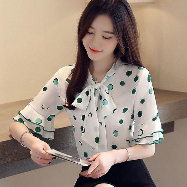 S-4XL Women's Spring Summer Short Sleeve Blouses Large Size Loose V-Neck Solid Color Slim Dots Print Tops