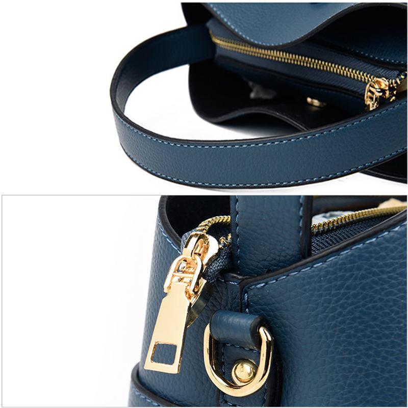 Real Cowhide Women Bucket Bag Casual Female Handbag Portable Multi-Layer Large Capacity Soft Surface 5 Colors