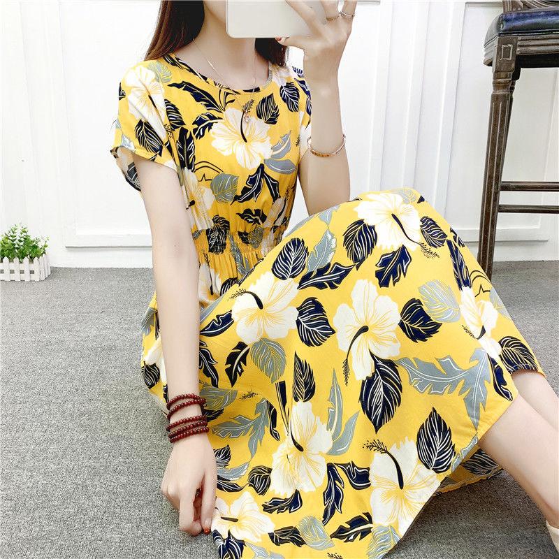 Mid-length Dress Printed Vest Summer Waist Mid-length Dress  Ethnic Style Cotton Silk Floral Dress