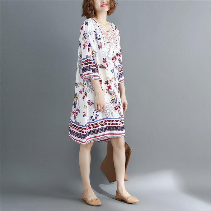 Printing  M-XXXL Printed Round Neck Dress Women Loose Plus Size Summer Polyester Short-sleeved Knee-length A-line Dress