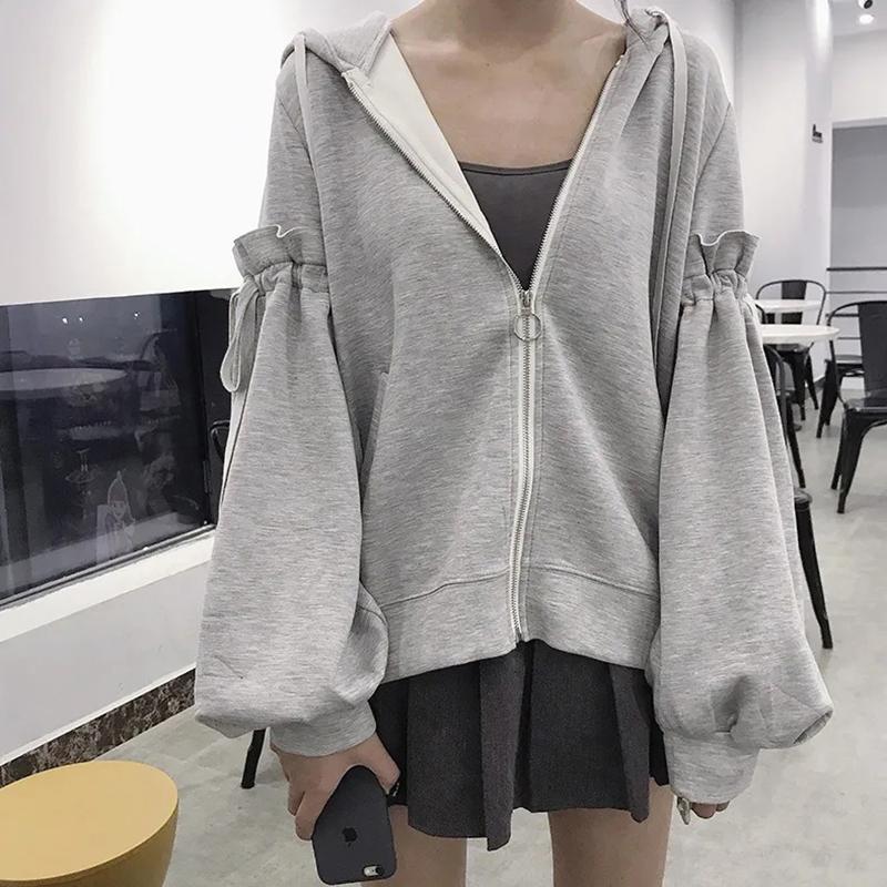 Women Sweatshirt Lantern Sleeve Patchwork Fashion Streetwear Hip Hop Hoodies Autumn Winter Zipper Jackets Oversized Tracksuit Women Sport Shirt