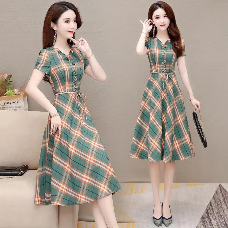 Women's Summer Plaid Dress Large Size Loose V-Neck A-Line Skirt