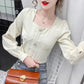 Women's Spring and Autumn Long Sleeve Square Collar Loose Solid Color Short Top