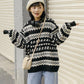 Autumn Winter Women Sweater Pullover Knit Jumpers Casual Loose Striped Pull Korean Knitwear Top Girls Student Retro Vintage Sweater Short Warm O Neck