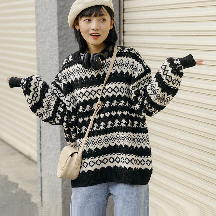 Autumn Winter Women Sweater Pullover Knit Jumpers Casual Loose Striped Pull Korean Knitwear Top Girls Student Retro Vintage Sweater Short Warm O Neck
