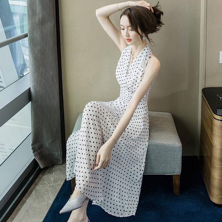 Sexy Polka Dot Dress Bohemian Sleeveless Maxi Dress Summer High Waist Bandage Halter Beach Sundress