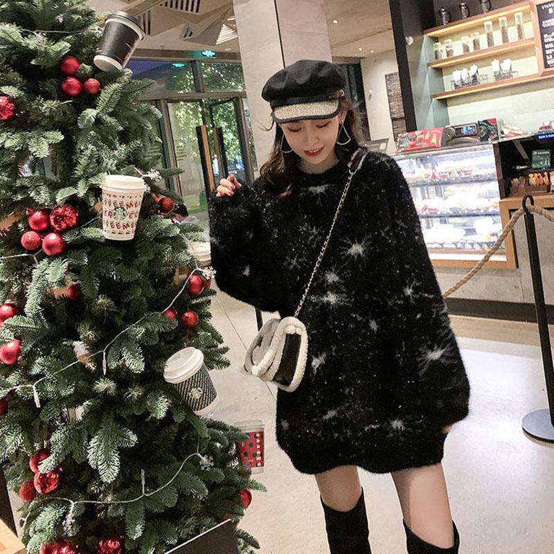 Autumn and Winter Fashion All-match Sweater Pullover Loose Shiny Silk Top Mid-length Snowflake Pattern Female Sweater