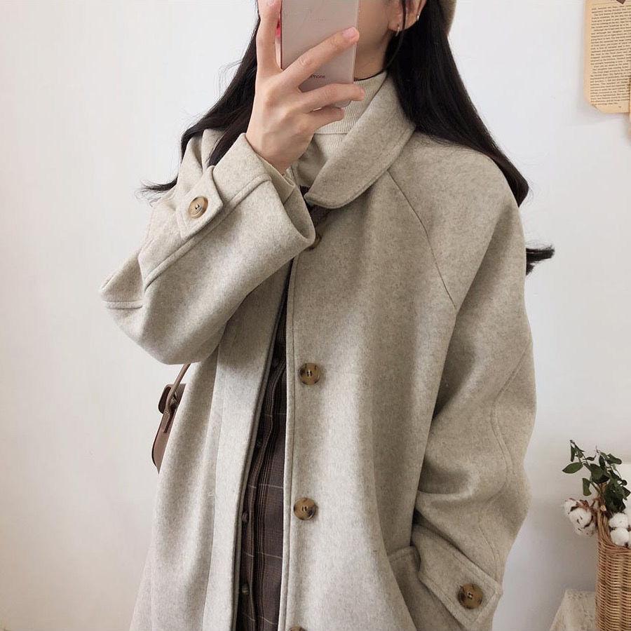 Black Long Woolen Winter Korean Style Over-the-knee Thick Coat for Female Students Loose and Thin Woolen Coat