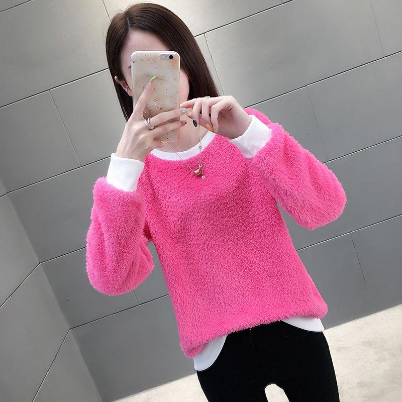 Pofulove Women's Winter Crew neck sweater long sleeve female  loose thick velvet Pullovers warm