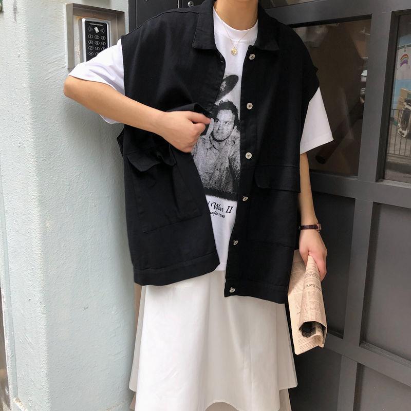 Turn-down Collar Solid Color Women's Vest Sleeveless Spring and Summer Loose Casual Buttons Coat Black White Waistcoat