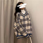Checked Sweater Coat College for Women with Loose and Lazy Style V-necklace Knitted Autumn
