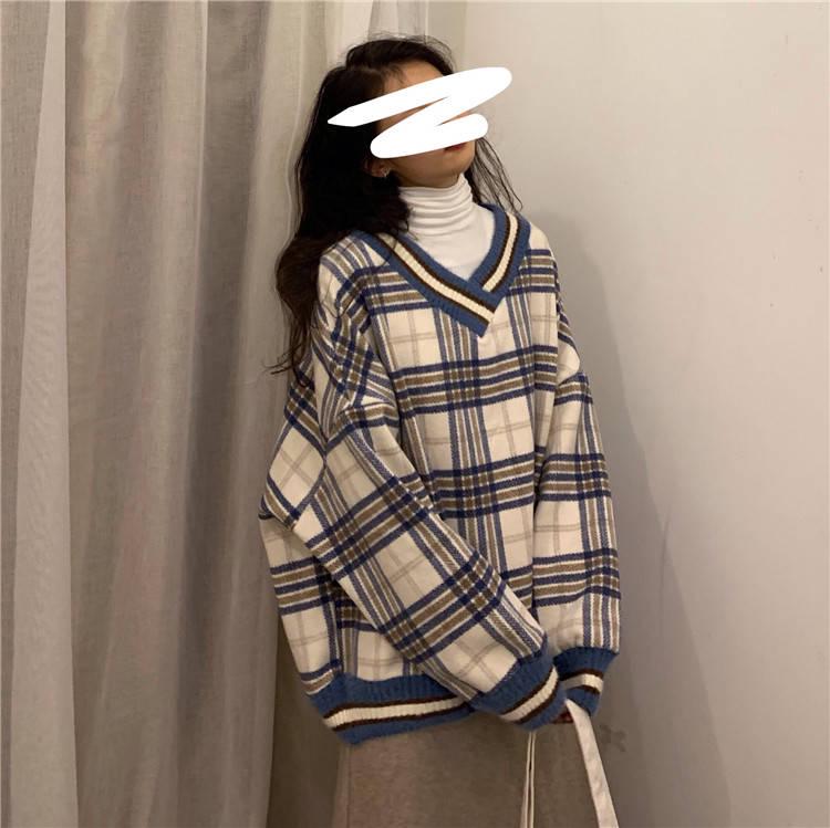 Checked Sweater Coat College for Women with Loose and Lazy Style V-necklace Knitted Autumn