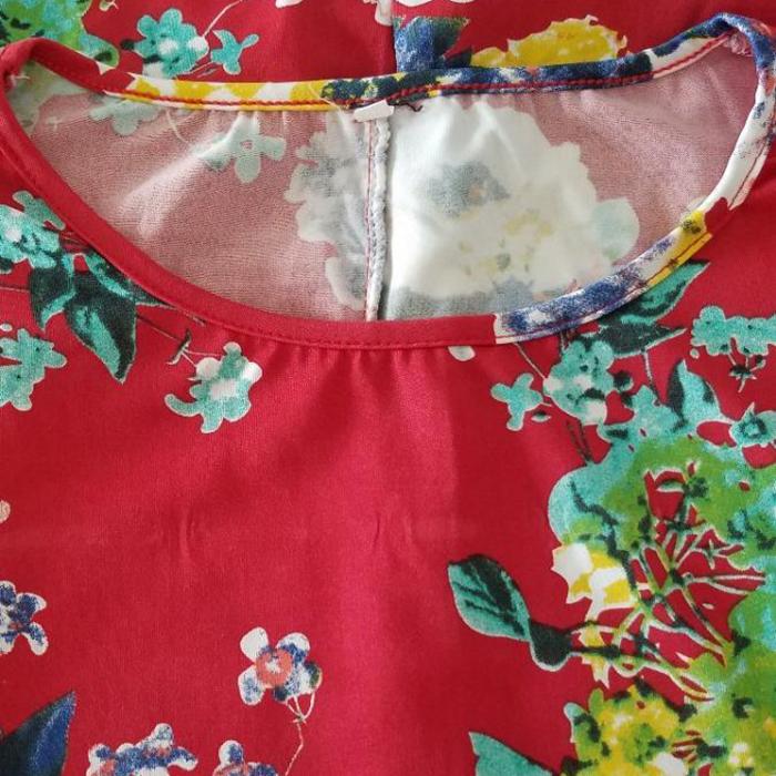 XL-XXXXXL Plus Size Women Summerfolk Style RetroMid-length Printed Over-the-knee Dress Short Sleeve Mom A-line Skirt