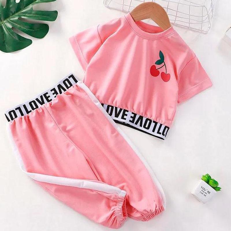2PCS Children Clothing Set Spring Summer Girls Suits Printing Letter Cherry Short Sleeve Tops + Pants Clothing Set