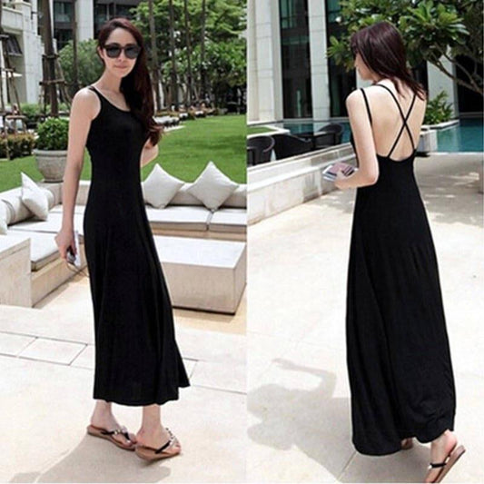 Pofulove Summer Spaghetti Strap Dress backless elastic cotton Long Maxi Dress beach party dress
