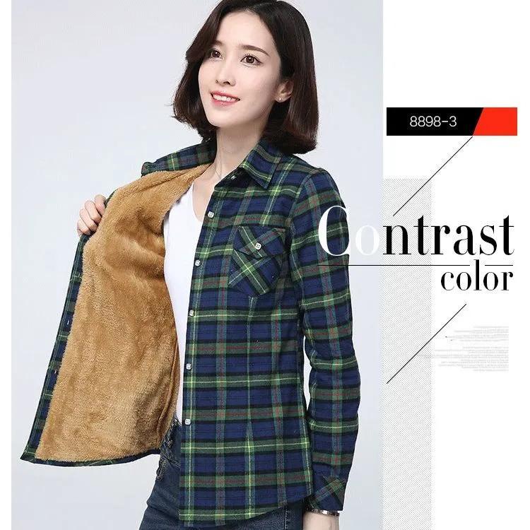Winter Warm Women Velvet Thicker Jacket Plaid Shirt Style Coat Casual Outerwear