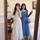 French Dress Korean Style Mid-length Long-sleeved Square Neckline Mesh  Receiving Waist Slim Skirt