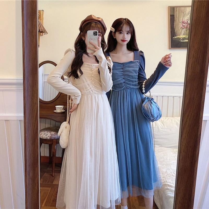 French Dress Korean Style Mid-length Long-sleeved Square Neckline Mesh  Receiving Waist Slim Skirt