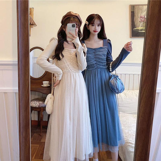 French Dress Korean Style Mid-length Long-sleeved Square Neckline Mesh  Receiving Waist Slim Skirt