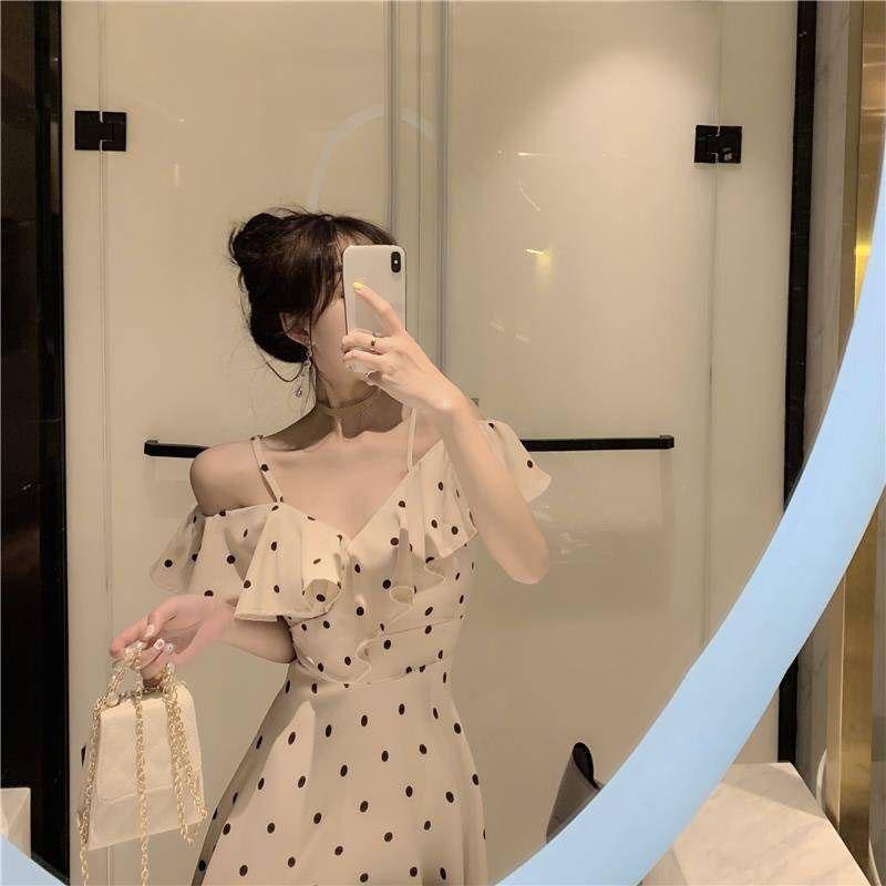 Female Summer Vintage Simple Elegant Wave Point Dress Sling Short Graceful Slim Party Dress