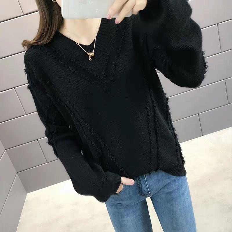 Pofulove Sweater Women's Pullover Autumn and Winter Short V-neck Loose Knit Bottoming Shirt Wild