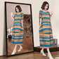 Women's Dress Loose Large Size Fat MM Dress Covering Belly Was Thin Striped Mid-length Skirt O-neck Short-sleeved Long Casual Loose Dress