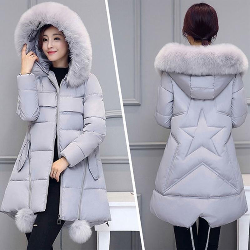 Women's Solid Color Embroidered Down Jacket Mid-length Korean Style Loose Thick Coat Warm Cotton Coat Large Fur Collar Winter Quilted Jacket