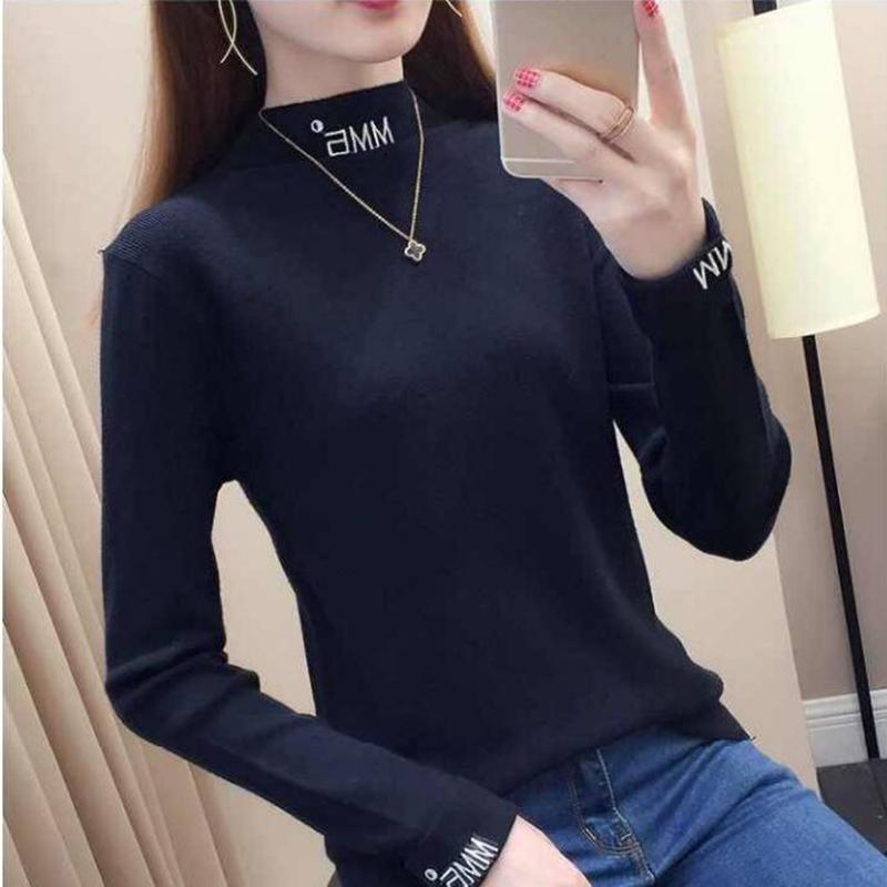 Pofulove Women Letter embroidered turtleneck sweater pullover winter slim knit bottoming sweater
