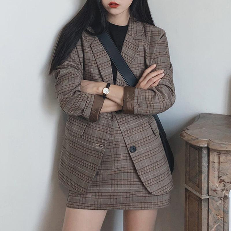 Women Suit Dark Academia Clothing Retro Plaid Plus Size Korean Coat Blazers and Skirt for Woman, Single Breasted Outerwear for Your Minimal Style