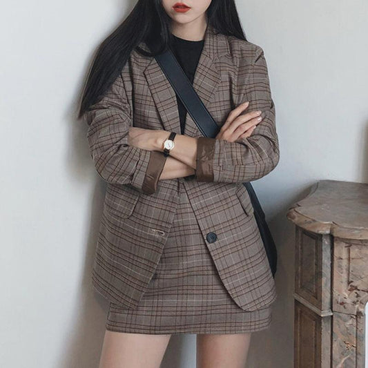 Women Suit Dark Academia Clothing Retro Plaid Plus Size Korean Coat Blazers and Skirt for Woman, Single Breasted Outerwear for Your Minimal Style