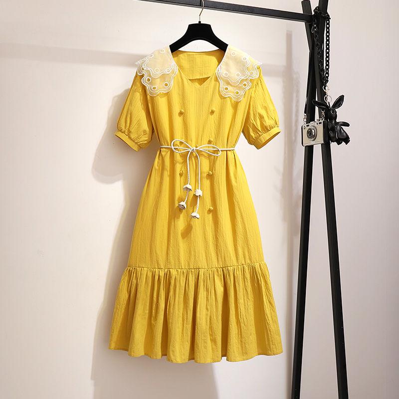 Pofulove Peter Pan collar short sleeve dress summer women Elegant Linen belted Pleated Ruffled dress