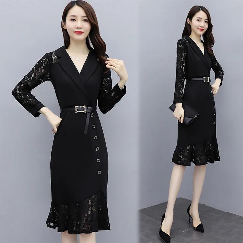 Women's Sexy Lace Dress Suit Collar V Neck Belt Ruffle Embroidered Lace Skirt Stitching Full Hip Dresses Elegant Black Bottoming Shirt Slim Fit Suit