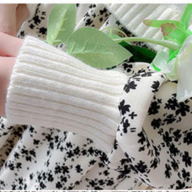 Women's Autumn and Winter Sweet Lady Stitching Knitted Long Dress Long Sleeve Half High Collar Women Casual Floral Print Elegant  Dress