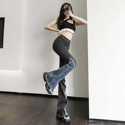 High Waist Elastic Micro Jeans Female Spring and Autumn Slim Slimming Color Stitching Wide Leg Trumpet Pants