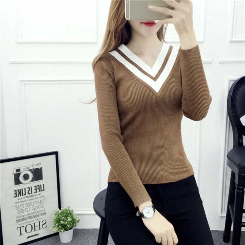 V-neck Short Sweater Autumn and Winter Pullover Slim Top Fashion Knitted Women Sweater