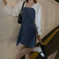 Women's Spring and Summer French Minority Retro Square Neck Bubble Sleeve Age Reduced Waist Long Sleeve Denim Dress