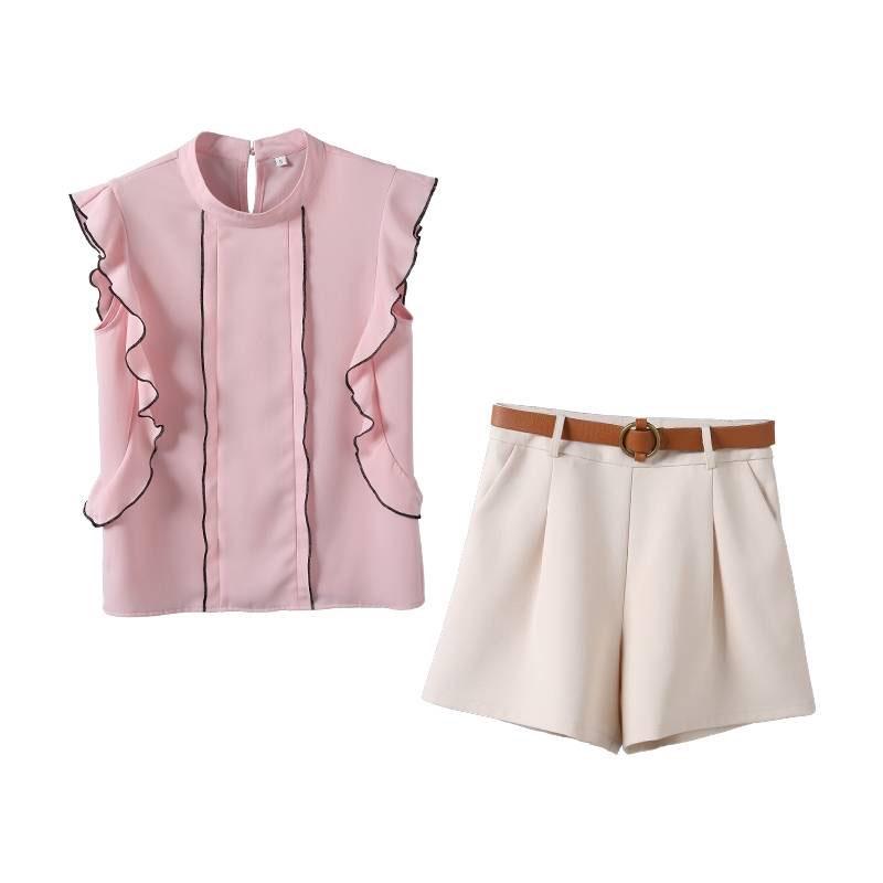 Women Shorts Suit Pleated Chiffon Blouse Shorts Two-piece Set Elegant Tops Shorts Set