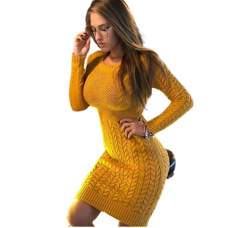 Women Solid Color Sweater Autumn Winter Sweater Dress Long Sleeve Knitted Dress