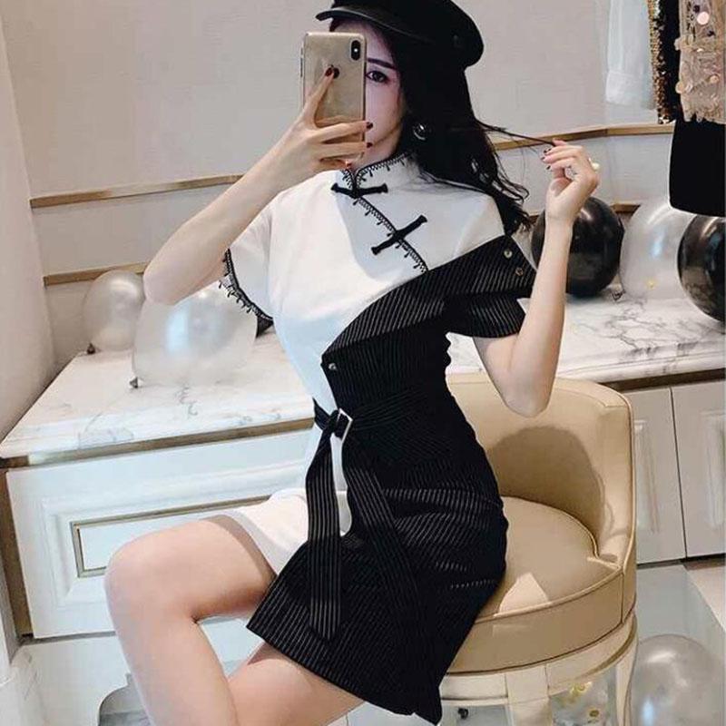 Pofulove Improved Cheongsam Dress Summer Women's Plus Size Dress Striped Irregular Dress Elegant