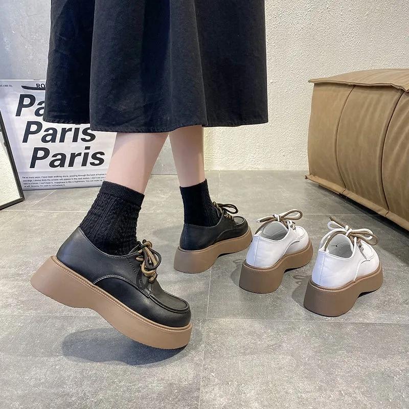 Ladies Small Leather Shoes British Style Spring College Style Jk Lace-up Thick-soled Shoes Girls Thick-bottomed Thick-heeled Loafers