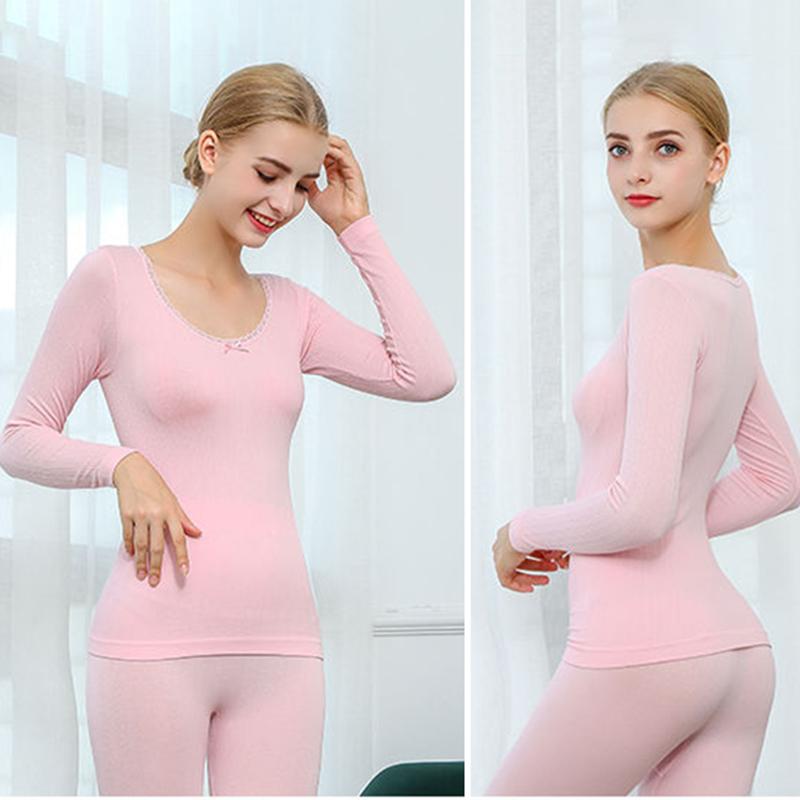 Women Winter Autumn Thermal Underwear Lace O-neck Female Tight Suit Thicken Windproof Comfortable Soft Lining Long Sleeve High Elasticity Tracksuit