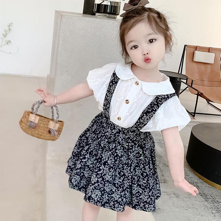 2PCS Children Clothing Set Spring Summer Girls Suits Broken Flowers Short Sleeve Tops + Braces Skirt Clothing Set