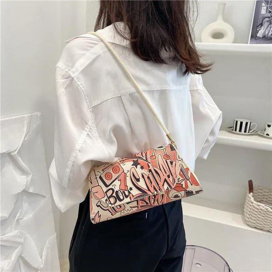 Comic Doodle Pattern PU Leather Armpit Bag for Women Shoulder Handbags Lady Elegant Baguette Bag
