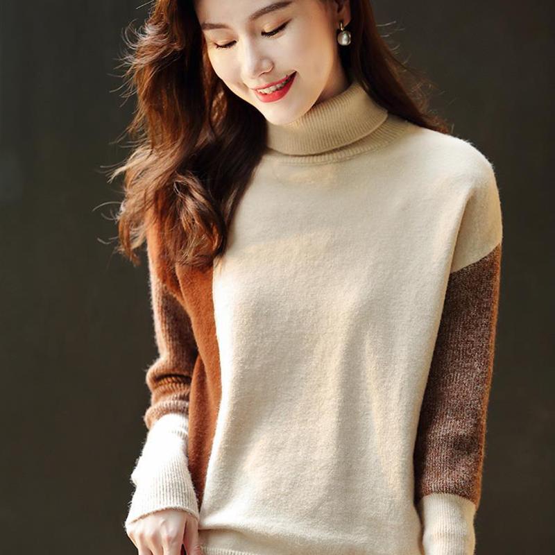 Turtleneck Color-blocking Split Sweater Women Autumn  Winter Women's Clothing Loose-fitting All-match Bottoming Sweater