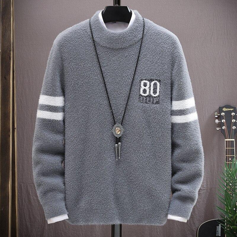Mens Sweater Autumn and Winter Men's Casual Warm Imitation Mink Sweater Trend Fashion Long-sleeved Slim Knit Sweater