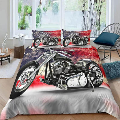 3D Print Motorcycle Pattern Bed Three-piece Set of Set of Pillows Set Large Double Bed Home Bedding