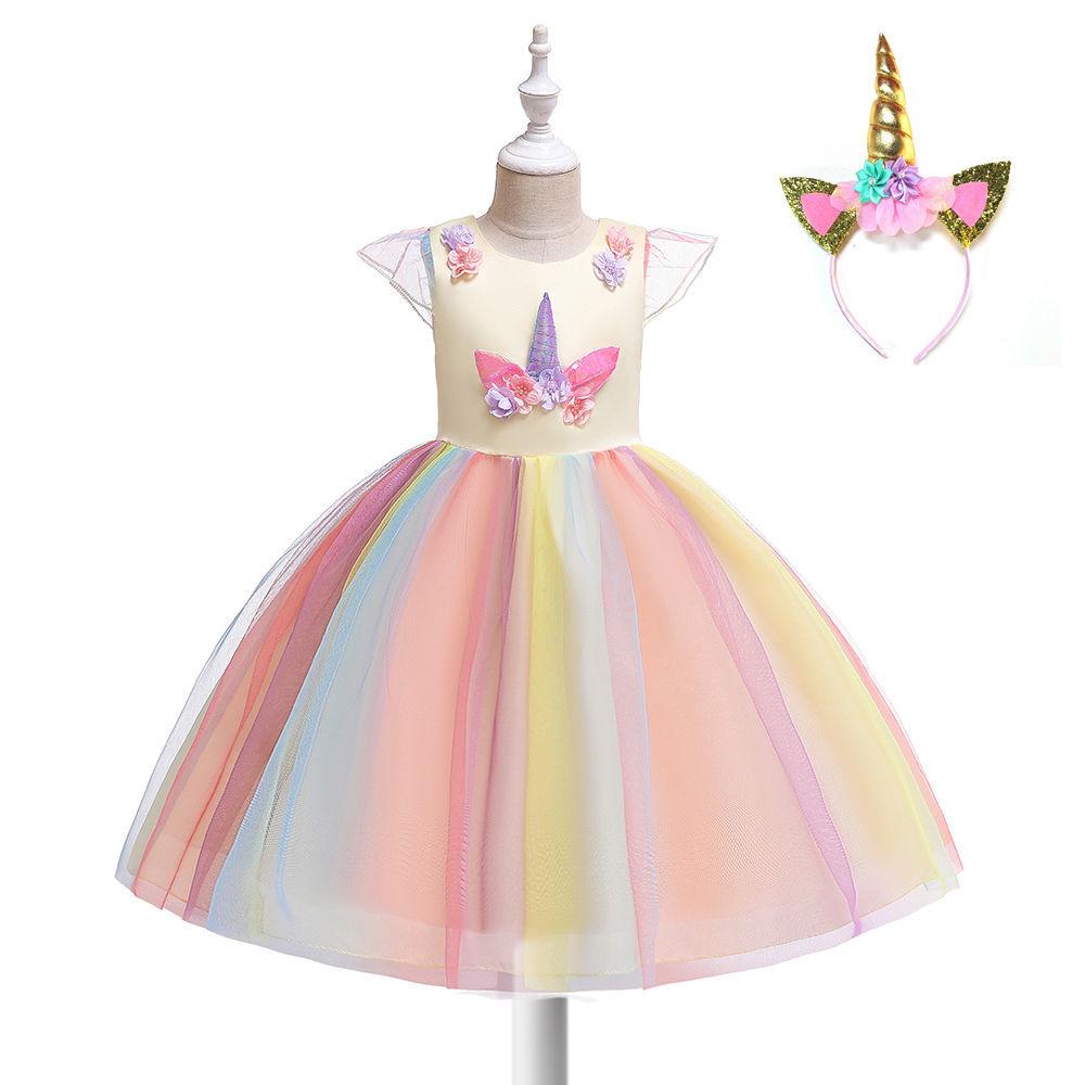 Kids Unicorn Dress for Girls Flower Appliques Ball Gown Little Girl Princess Dresses Elegant Party Costumes Children Clothing