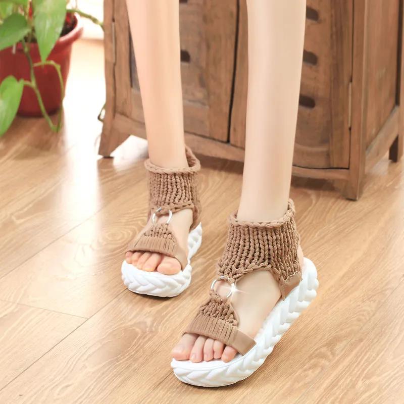 Sandals Female Fairy Style Summer Wool Woven Round Buckle Large Size Wild Platform Platform Roman Women's Sho