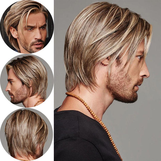 Handsome Men's Wig Blonde Straight Natural Hair Man Brown Toupee for Daddy Replacement Wigs Gifts